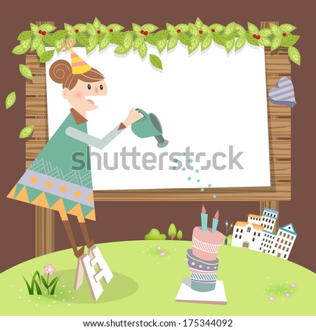 Spring frame C / Illustration for Spring season. A lovely girl watering flowers and the wooden board on the green field. 