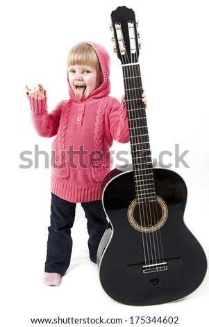 little girl with a guitar in his hand on white background