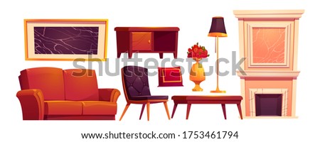 Luxury old living room stuff. Classic style furniture, fireplace with marble stone texture, leather couch, armchair and coffee table, floor lamp, decorative pillow and flower vase, Cartoon vector set