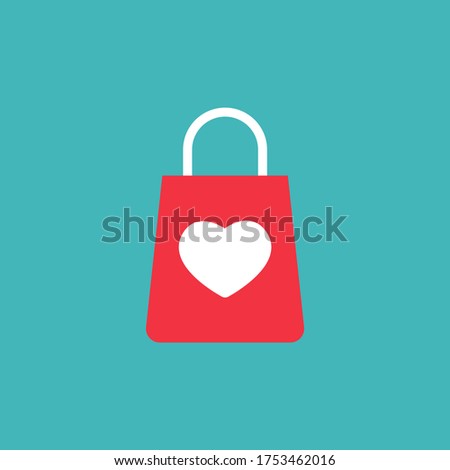 red shopping paper bag with heart. flat icon isolated on blue.  vector illustration. Stylish package for purchase. simple pictogram. Favorite