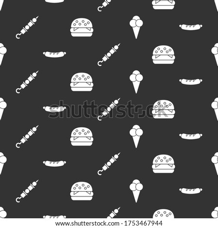 Set Ice cream in waffle cone, Hotdog sandwich, Grilled shish kebab and Burger on seamless pattern. Vector