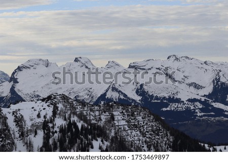 A beautiful view from a mountain with snow in Liechtenstein in January 2020.