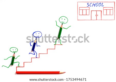 Back to school concept. Kids, children are made of pencils running into the school on white background. Copy space.