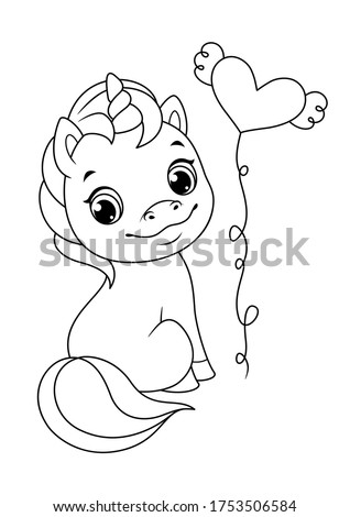 Cute sitting unicorn coloring page. Black and white cartoon illustration