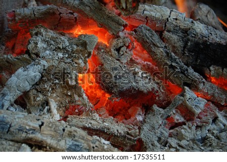 Burning coal in hot campfire flame