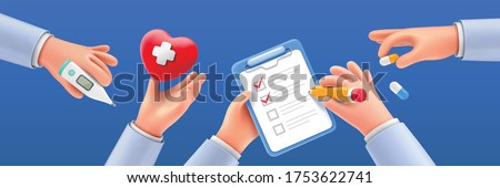 Set of cartoon hands holding various medical items, isolated on navy blue background, 3D illustration