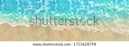 Beach and Sand Summer Blue Water Washing Up on Shore Horizontal Panoramic Texture Photography Background, Close Up Shot from Directly Above
