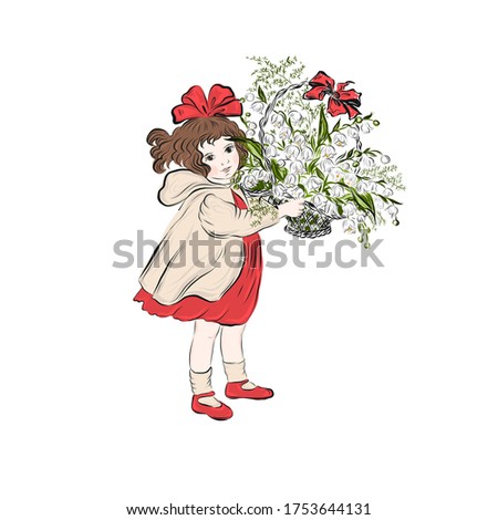 Little girl holding basket with bouquet of lilac. Lady in vintage style from nineteenth century. Drawing for design of greeting card happy mother's day, happy birthday or women's day. 