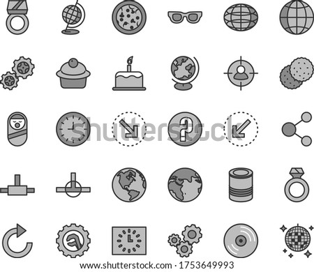 Thin line gray tint vector icon set - clockwise vector, question, roly poly doll, star gear, left bottom arrow, CD, earth, cake, right, tin, pizza, muffin, biscuit, gears, connection, man in sight