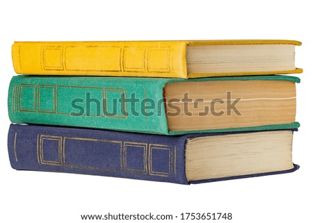 A stack of hardcover books and textbooks isolated on a white background.