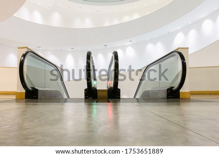 Stairway Electric Escalator of Airport Exhibition Hall, Modern Indoor Escalators and Interior Decoration in Shopping Mall. Perspective View of Empty Luxury Staircase Escalator, Facility Building