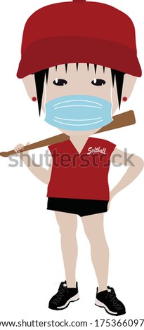 Adorable Woman in Softball Uniform with Bat and Cap Standing wearing face mask Illustration Vector
