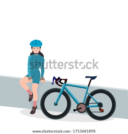 Beautiful women cyclists sitting beside road bike, isolated on white, vector illustration.A bicycle on white..Eco transport.Cute design for t shirt print, icon, logo, label patch or sticker.