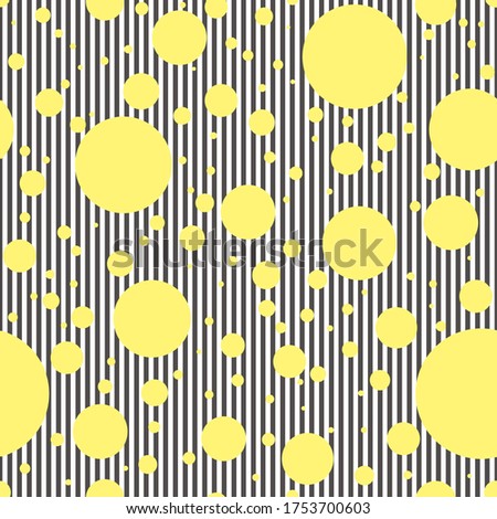 Round yellow seamless pattern on a background of alternating dark gray and white stripes. Pattern, ornament for wrapping paper, fabric, textile, website, wallpaper. Vector illustration.