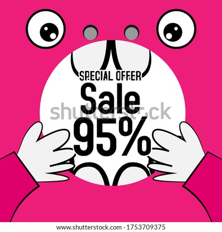 sale 95%, beautiful greeting card background or banner with cute shock pink character theme. vector