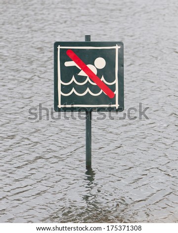 Warning sign at a lake, Caution No Swimming allowed