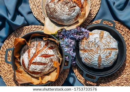 Organic homemade bread. Great photo for food menu design. Freshly baked artisan sourdough bread. Healthy food. With 100% whole-grain, sprouted flour and without added sugars and vegetable oils. Royalty-Free Stock Photo #1753733576