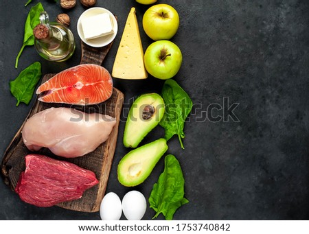 Healthy low carbohydrate foods on stone background. Healthy eating. Copy space for your text. Royalty-Free Stock Photo #1753740842