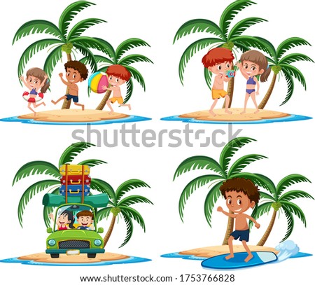 Group of vacation activities on the tropical island cartoon character on white background illustration