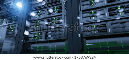 data center showing server equipment with flickering light indicators, close up view