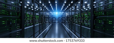 Server units in cloud service data center showing flickering light indicators for massive data connection bandwidth Royalty-Free Stock Photo #1753769333