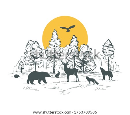 Sketch vector landscape with forest, sun and animals. Animals silhouettes. Deer, hare, fox, owl, hedgehog, wolf, bear. Design for t-shirt print, cover, poster, web design, banner