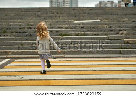 child crosses the road. From the back at the pedestrian crossing. CHILDREN'S SECURITY. High quality photo