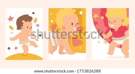 Walking babies set, girl and boy in clean diaper vector illustration. Happy children learn, take first steps. Baby smiles, crawls with pacifier in his mouth. Keep balance with little hands.