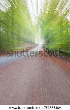 Abstract photo, forest road in summar photographed with different effects of motion and zoom. Colorful textured background. long shutter speed.
