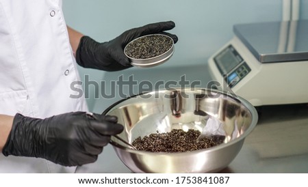Quality black caviar with sturgeon. Workshop for the production of a quality product. Beluga and trout in the food industry. Stock photo
