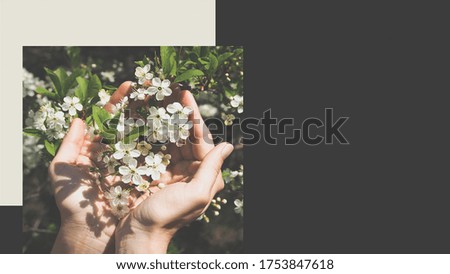 Spring flowers in hands design poster. Tropic template for poster, banner, invitation, cover.