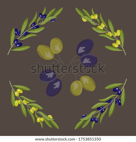 Set of olives with branches. Black and green olives isolated on a brown background.