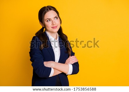 Turned photo of minded curious teenager university student cross hands look copyspace think thoughts consider lecture material wear uniform isolated bright shine color background Royalty-Free Stock Photo #1753856588