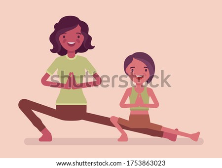 Family yoga, young black yogi mother and daughter in sports wear practicing workout, doing fitness pose, stretch exercise for yogic practice together. Vector flat style cartoon illustration, side view