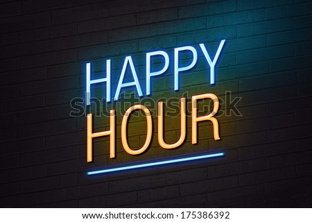 Blue and orange neon sign with happy hour text on wall Royalty-Free Stock Photo #175386392