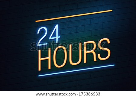 Blue and orange neon sign with 24 hours text on wall