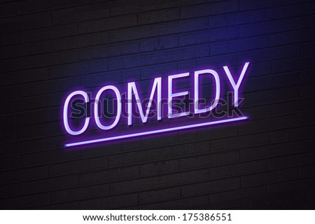 Purple neon sign with comedy text on wall