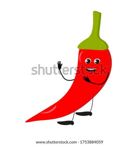 Cute happy chili red pepper characters. Vector flat illustration isolated on white background. Doodle character cartoon eggplant Vegan vector icon. Vegetarian healthy food. Funny cartoon character.