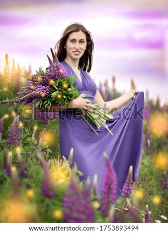 Girl in a flowering field of lupins with a bouquet of flowers in their hands. Sunset. Fairytale photo processing. Postcard. Book cover. Background.
