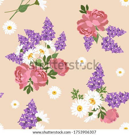 Seamless pattern with peonies, chamomile and lilac on beige background.Vector illustration.For decorating textiles, packaging,wallpaper.