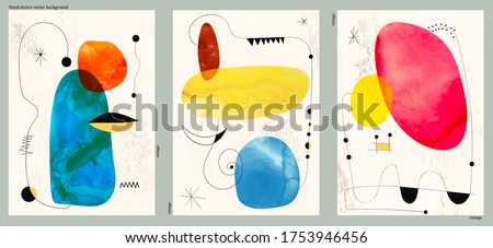 Set of three abstract minimalist hand-drawn illustrations for wall decoration, postcard or brochure, cover design. Doodle backgrounds contains various shapes, spots, drops, lines. Memphis style. Royalty-Free Stock Photo #1753946456
