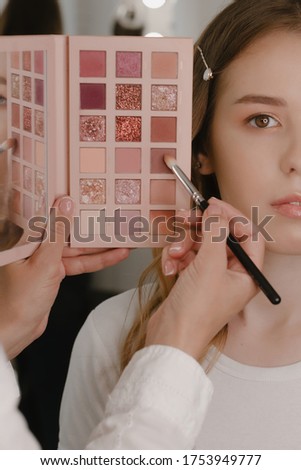 Stock Photo - In the beauty salon doing makeup. Master and client. Professional makeup artist working with beautiful young woman