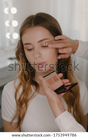 Stock Photo - In the beauty salon doing makeup. Master and client. Professional makeup artist working with beautiful young woman