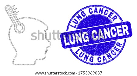 Web mesh head thermometer pictogram and Lung Cancer seal stamp. Blue vector rounded distress seal stamp with Lung Cancer phrase.
