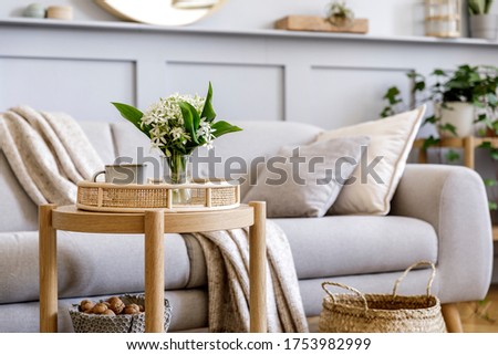 Scandinavian living room interior with design grey sofa, wooden coffee table, plants, shelf, spring flowers in vase, decoration and elegant personal accessories at home decor. Royalty-Free Stock Photo #1753982999