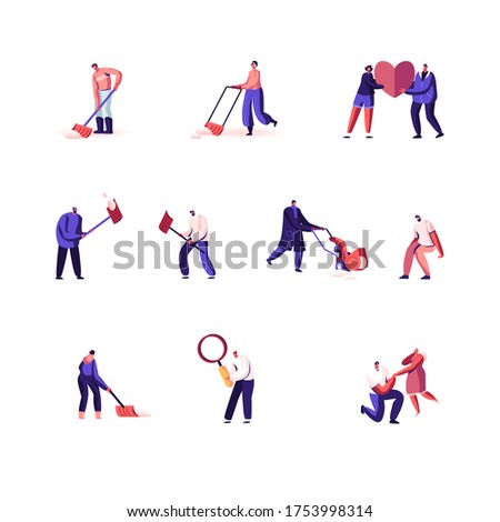 Set of Male and Female Characters Cleaning Snow with Scrapers and Machine, Couple in Love Share Huge Red Heart, Man Ask Girl Marry him, People with Magnifying Glass. Cartoon Vector Illustration