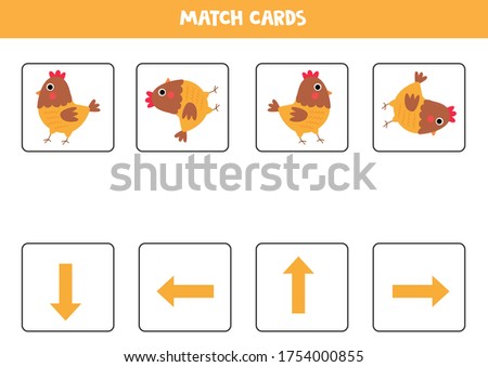 Match cards. Orientation for kids. Left, right, up or down. Cute cartoon hen. Educational game for children. Printable worksheet.