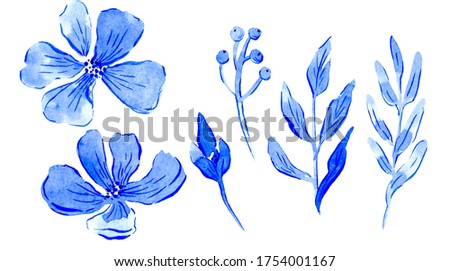 Flower clip art. Watercolor blue flowers and leaves. Isolated on a white background
