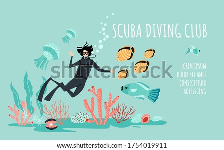 Scuba diving club banner template with a diver surrounded by fish, algae and other inhabitants of the coral reef. Cartoon illustration in a flat style.