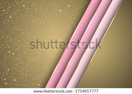 Gold halftone dots and inclined ribbon stripes banner vector design. Glossy business background template. Gold metallic edge lines, gradient overlapping shapes. Cool geometric graphic concept.